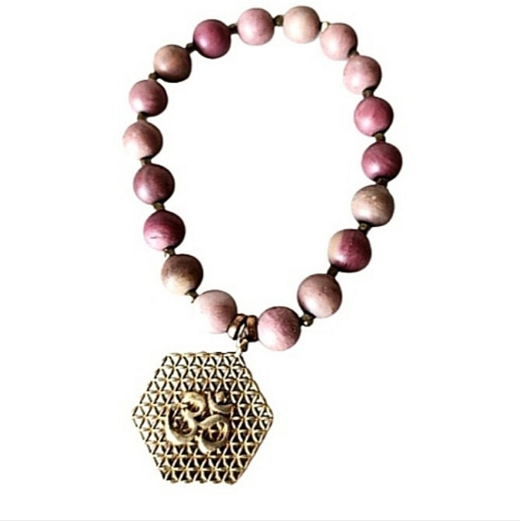 Spiritual Om Symbol Pink Beaded Bracelet With Gold Charm
